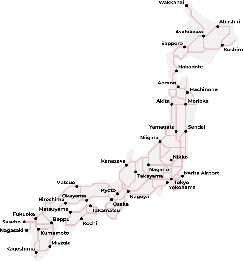 Kaart met het netwerk van Japan Rail (JR) en de treintrajecten in Japan.