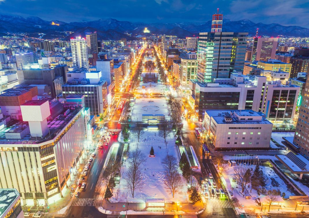 Cityscape of Odori park from Sapporo TV tower, illumination in winter season