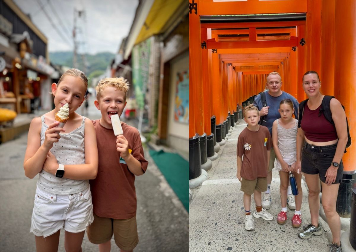 Het gezin van Kim. Links genieten de kinderen van een ijsje, rechts staan ze tussen de lange rijen rode torii-poorten.