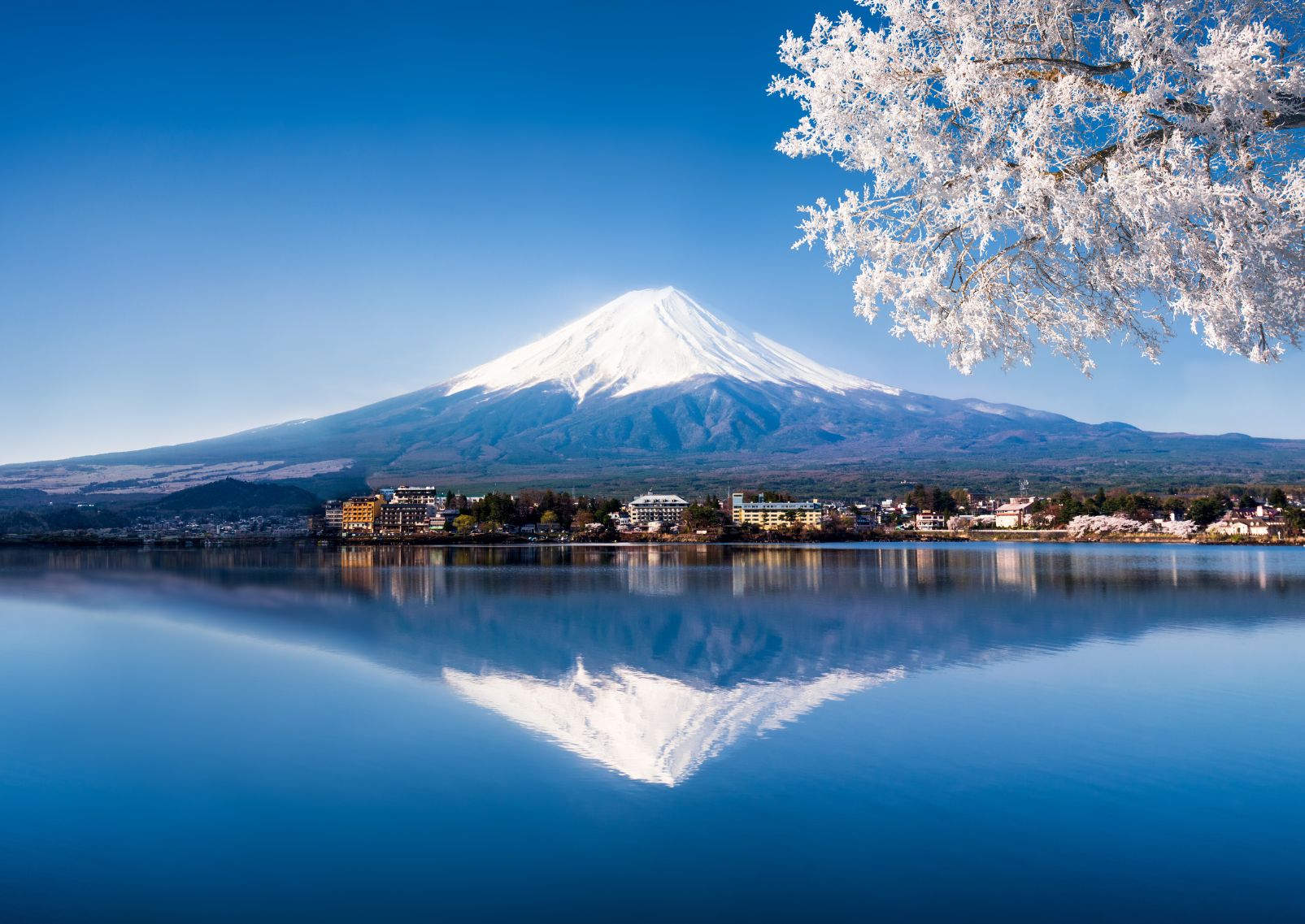 Berg Fuji in de winter bij het Kawaguchimeer.