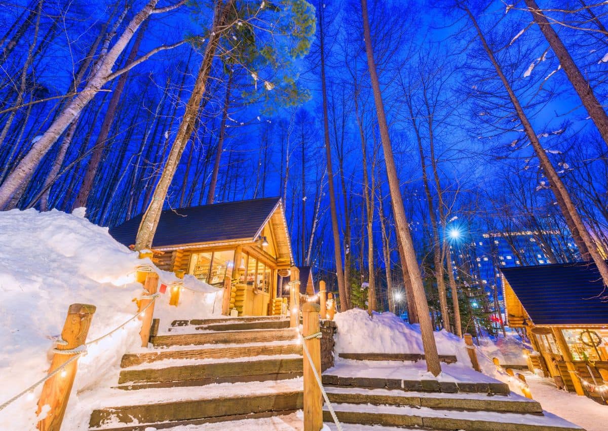 Winterse huisjes bij schemering, Furano, Hokkaido