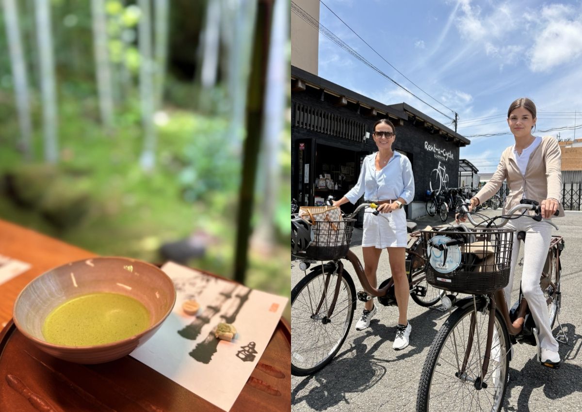 Links, een kom matcha in een bamboebos. Rechts, moeder en dochter in Kamakura met fietsen