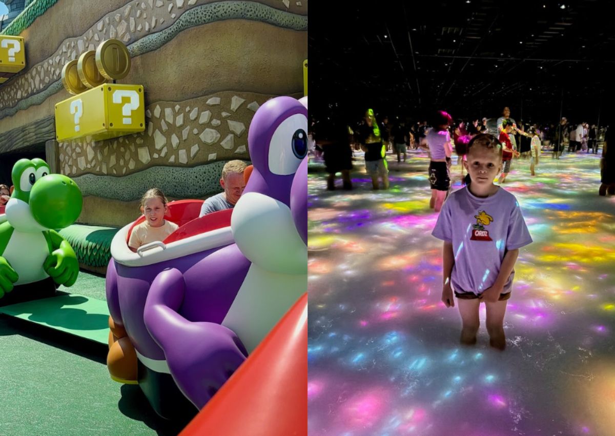 De kinderen van Kim in Super Nintendo World bij Universal Studios en tijdens hun bezoek aan teamLab.