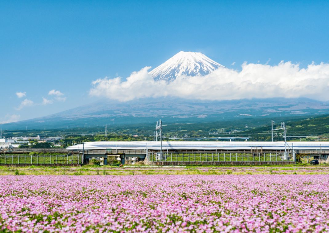 Hogesnelheidstrein passeert de berg Fuji in de lente, Japan