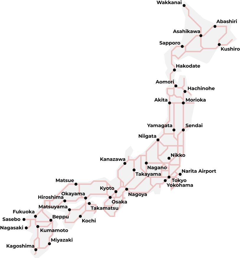 Vereenvoudigde kaart van Japan die laat zien waar de Japan Rail Pass gebruikt kan worden.