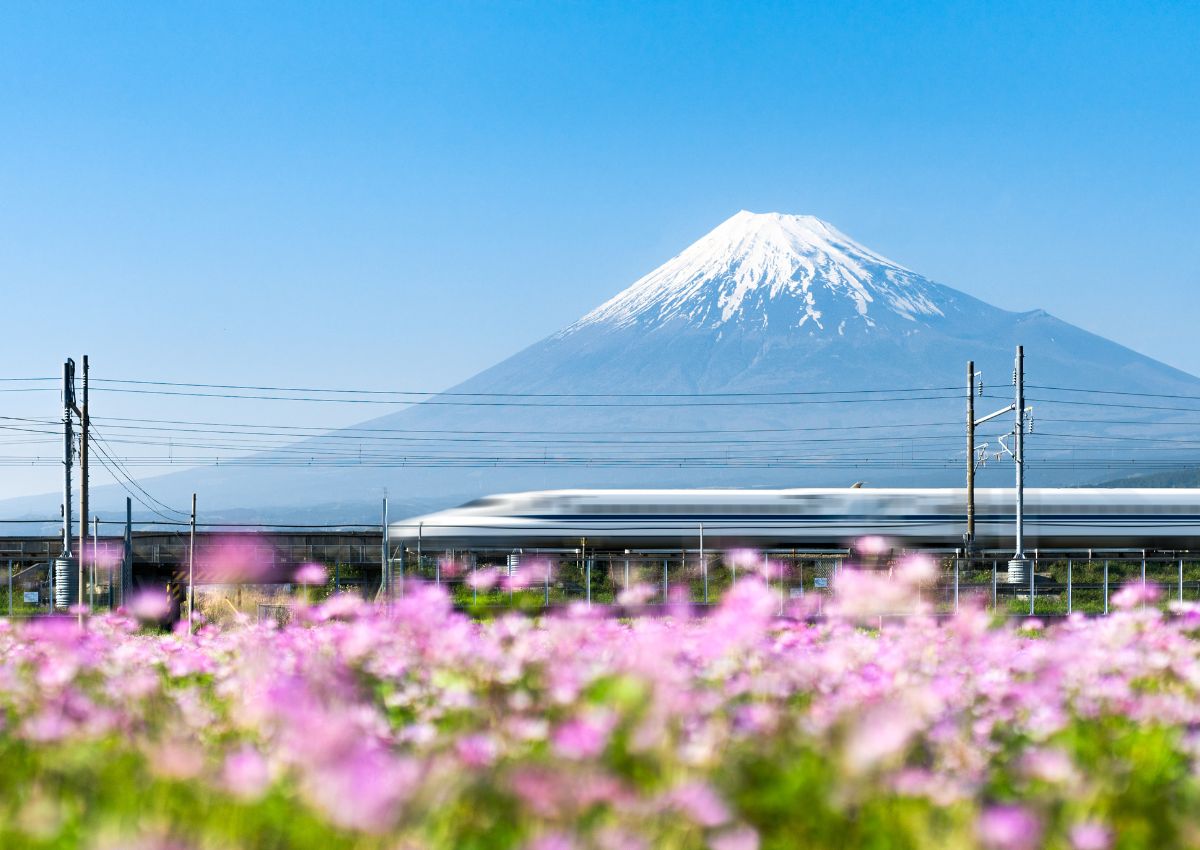 Shinkansen bullet train passing by Mount Fuji, Yoshiwara, Shizuoka Prefecture, Japan