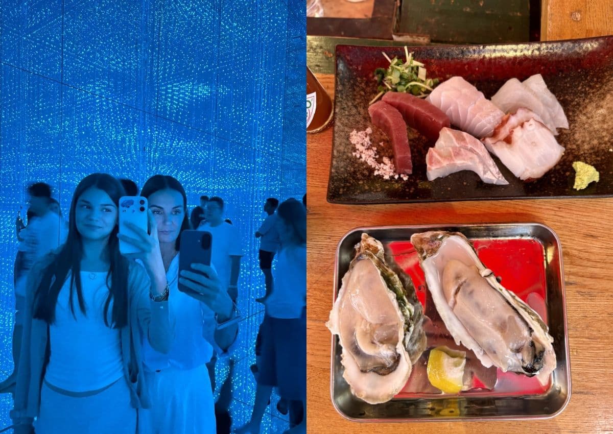 Links, een selfie van moeder en dochter in teamLab Tokyo. Rechts, verse sushi en sashimi op de vismarkt van Tsukiji