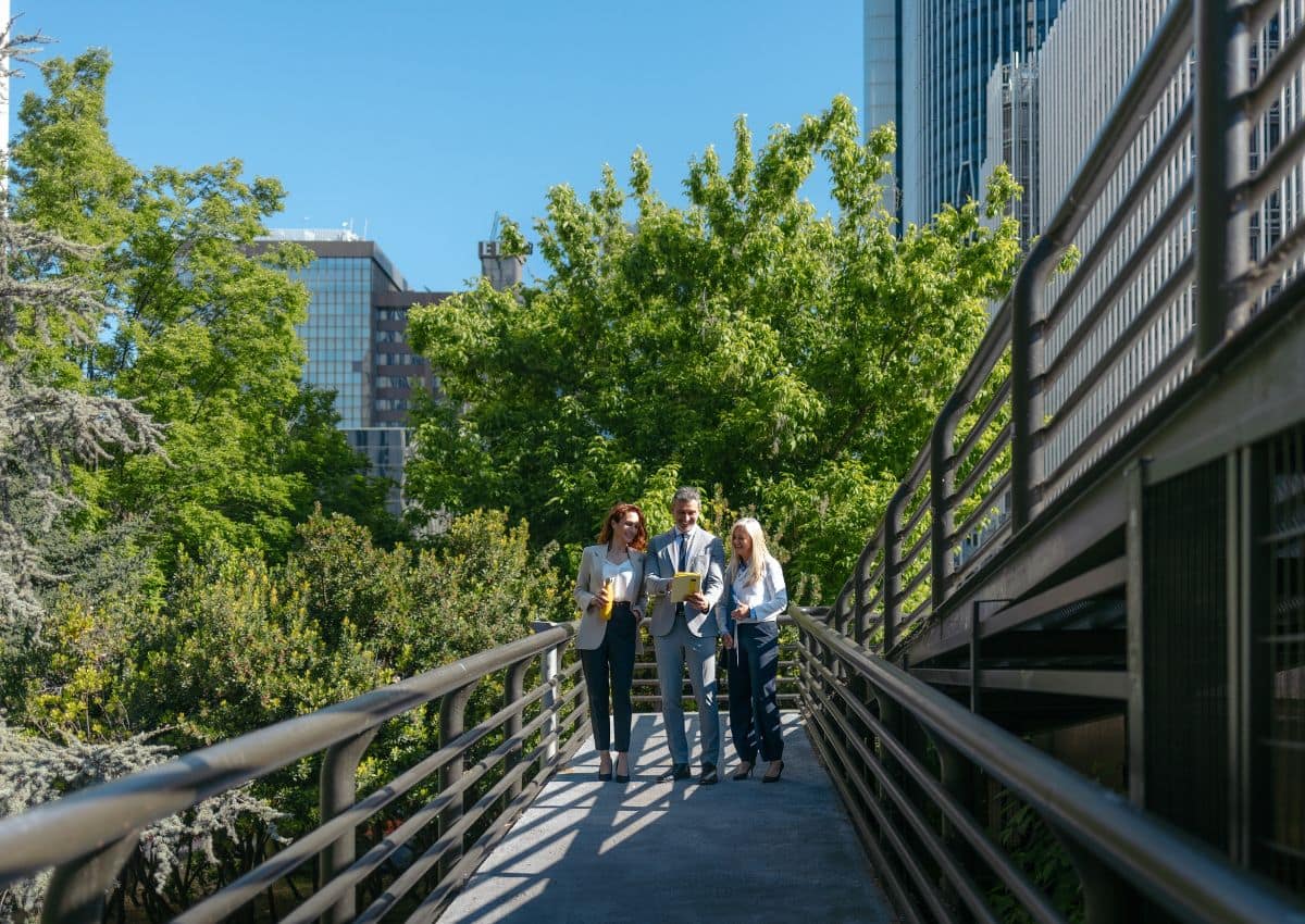 Mensen die over een brug lopen met veel groen