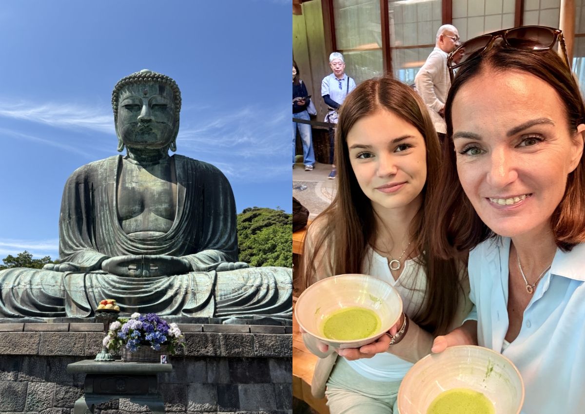 Links, de Grote Boeddha van Kamakura. Rechts, moeder en dochter met kommen matcha
