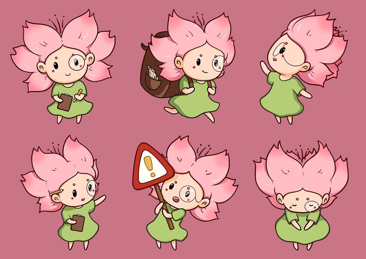 Zes schetsen van Mono-chan op een roze achtergrond, gemaakt door Ambre Taga