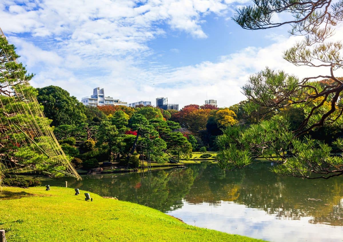 Een rustige vijver in de Rikugien-tuin in Tokyo