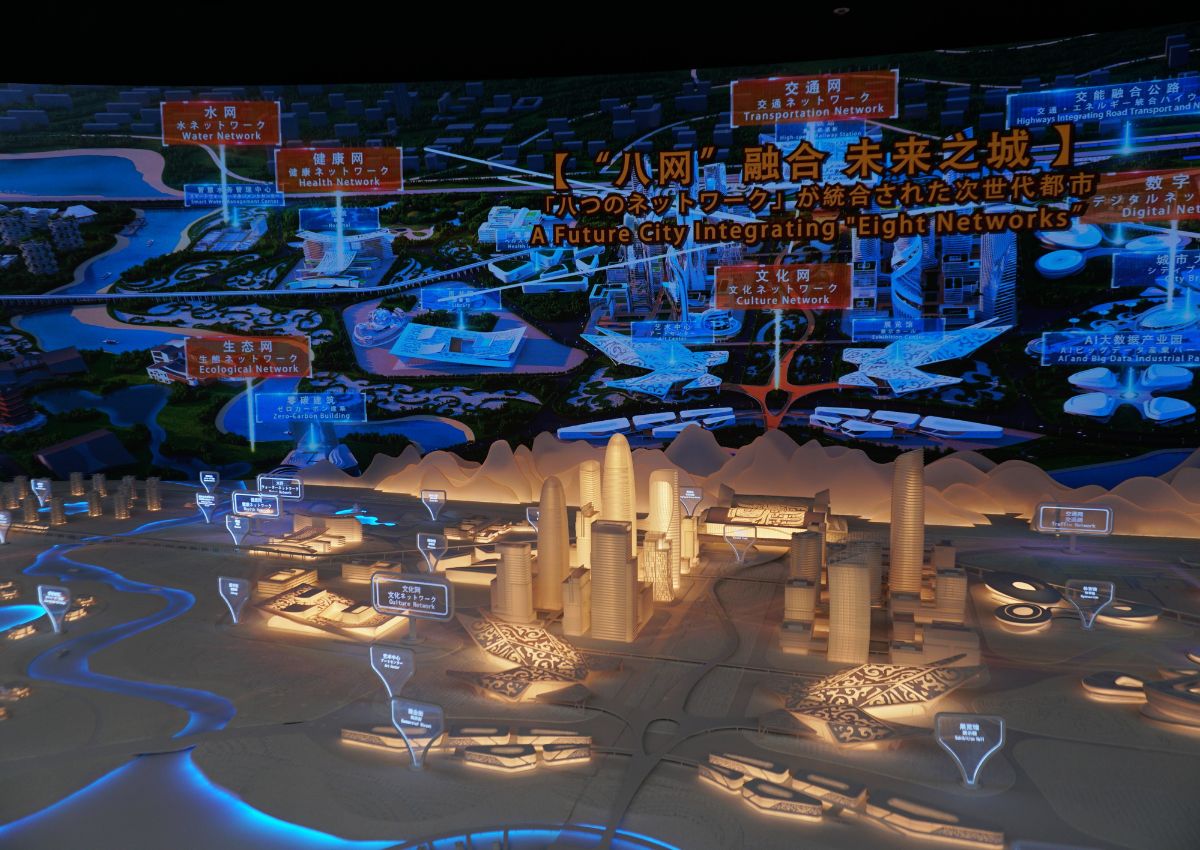 Een slimme stad gepresenteert op een 3D sand‑table in de China Paviljoen