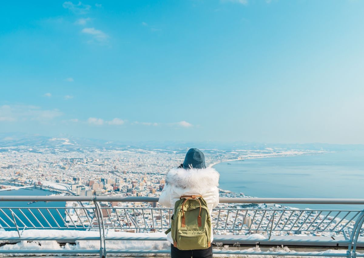 Vrouwelijke toerist met uitzicht over de stad Hakodate, Hokkaido, Japan