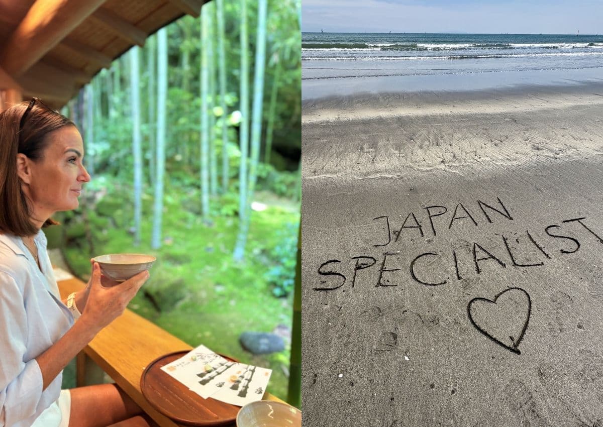 Links, moeder geniet van groene thee in Kamakura. Rechts, Japanspecialist geschreven in het zand van het strand van Kamakura