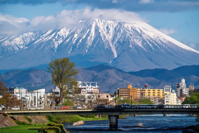 Stadsgezicht van Morioka met Mt Iwate