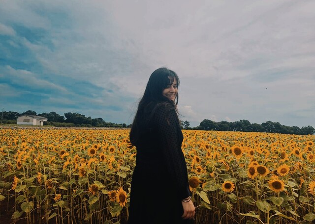 Midden in een zee van zonnebloemen op het platteland van Kyushu