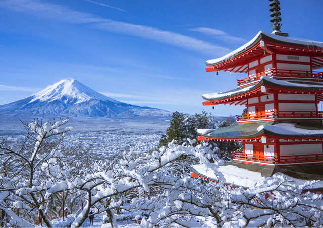 De berg Fuji en de Chureito pagode in de winter