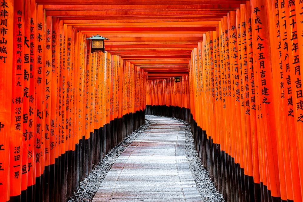 Fushimi Inari Shrine in Kyoto, Japan, met duizenden oranje vermiljoen torii poorten