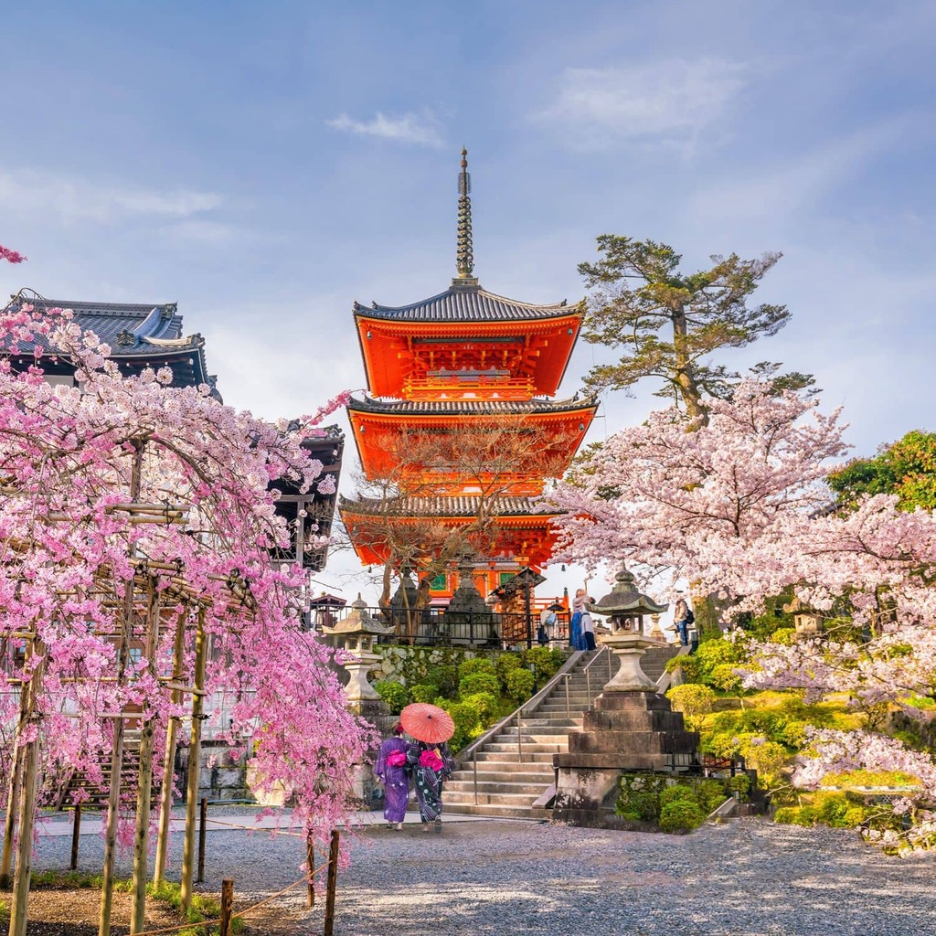 Pagode van Kiyomizu-dera in Kyoto tussen bloeiende kersenbomen