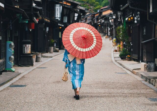 Girl in kimono exploring Naraijuku, Japan