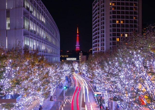 Jonge vrouw die een foto maakt van de Tokyo Tower tussen de kerstverlichting in Roppongi Hills, Tokyo, Japan