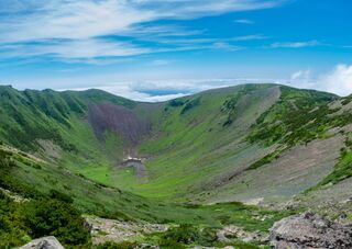 Panoramisch uitzicht in de krater van Mount Yotei