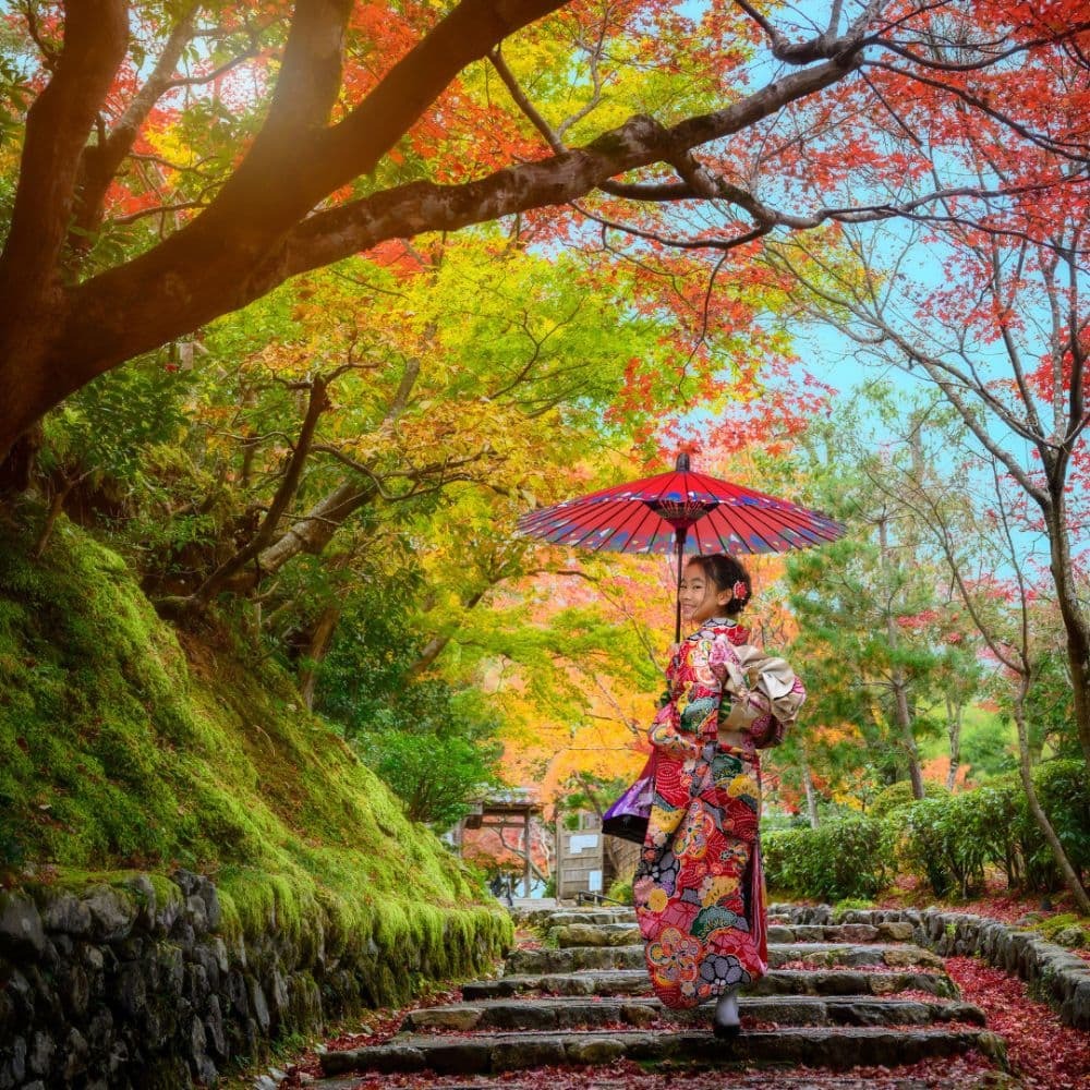 Vrouw in kimono met Japanse parasol tussen kleurrijke herfstbladeren